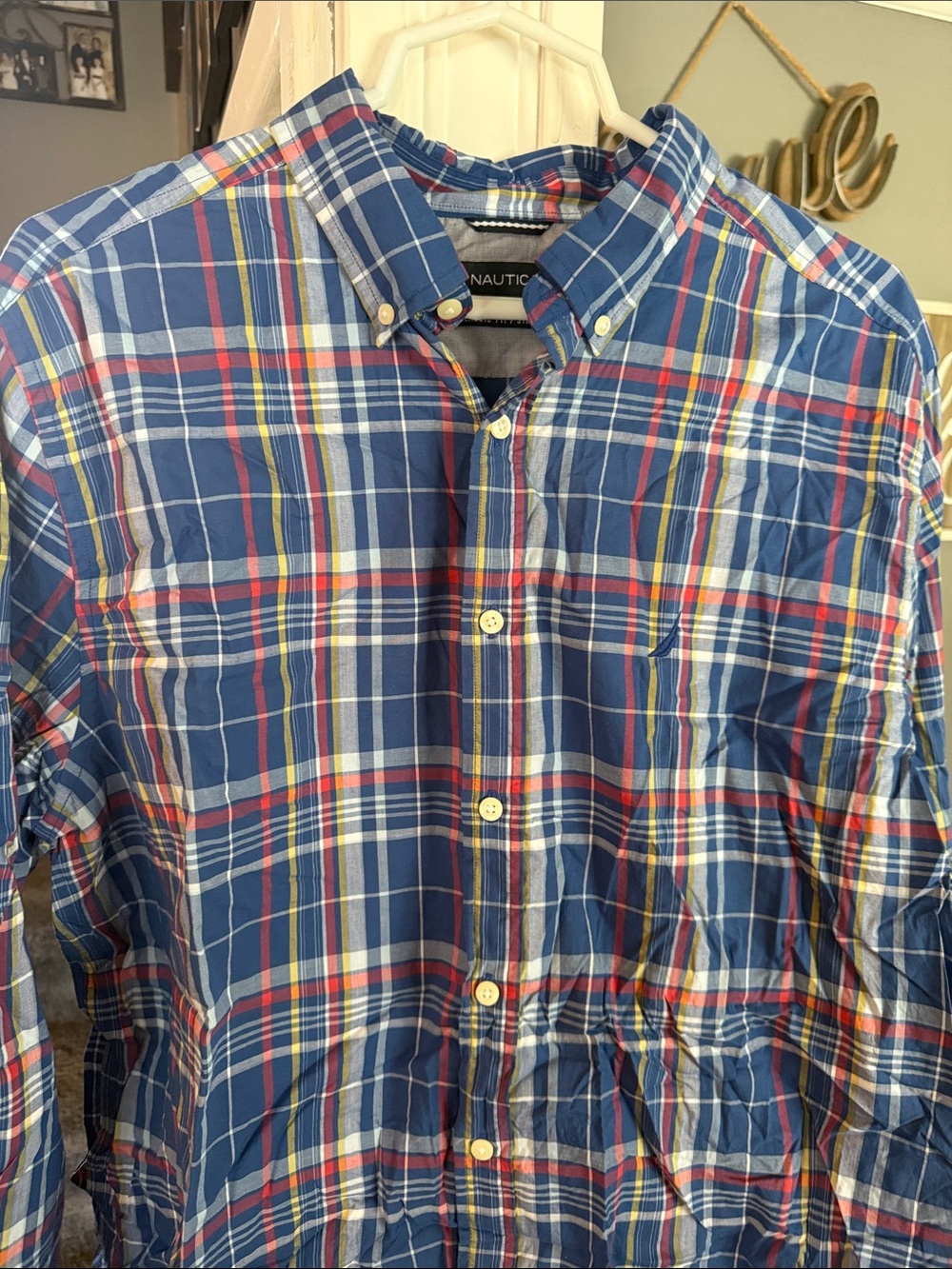 Nautica Men’s Blue, Red & Yellow Plaid Button-Down Shirt